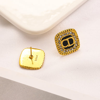 Alloy Black Square Pave-Edge Stud Earrings