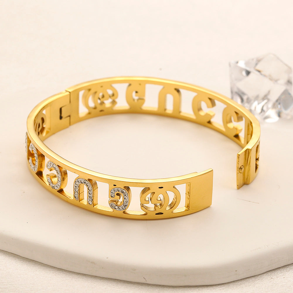 304 Stainless Steel Openwork Lettering Pave Bangle Bracelet