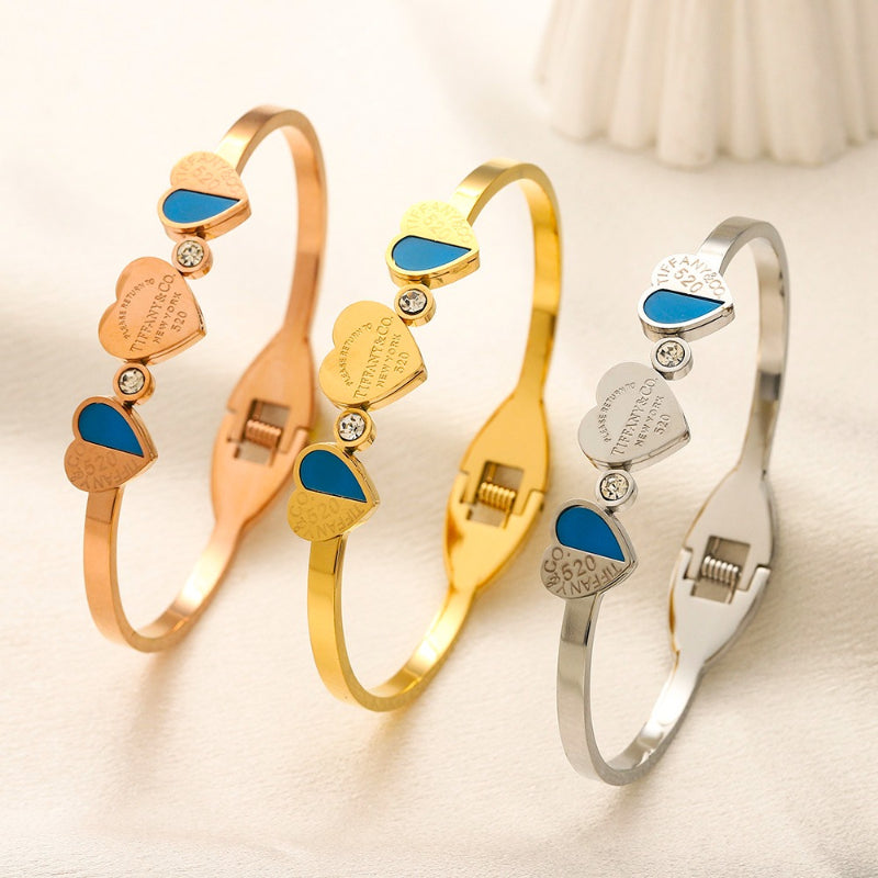 304 Stainless Steel Three-Heart Color-Inlay Bangle Bracelet