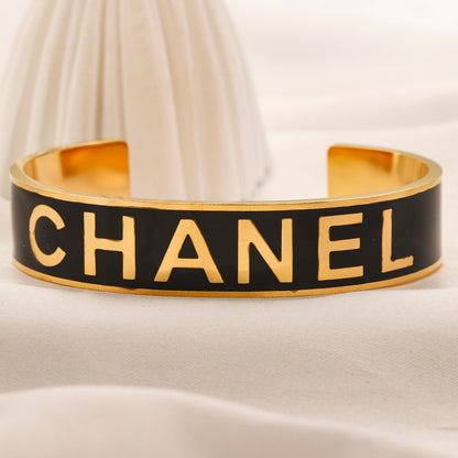 304 Stainless Steel Letter-Inlay Wide Cuff Bracelet