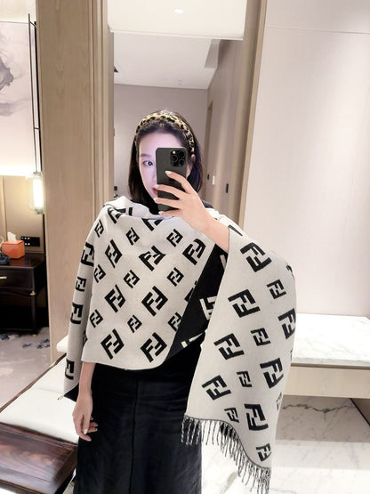 Geometric F-Motif Fringed Scarf