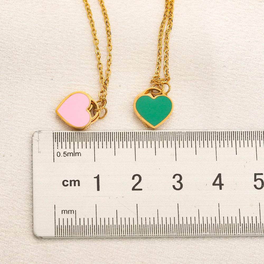 304 Stainless Steel Color-Inlay Double Heart Pendant Necklace