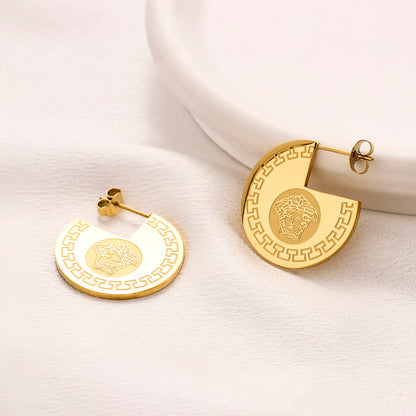 304 Stainless Steel Greek-Key Medallion Hoop Earrings