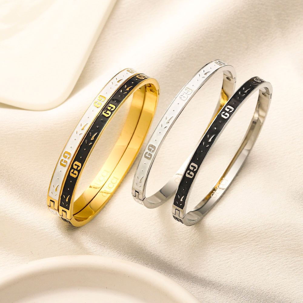 304 Stainless Steel Color-Inlay Double-G Bangle Bracelet