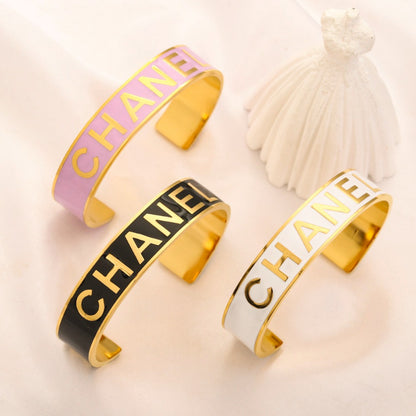 304 Stainless Steel Letter-Inlay Wide Cuff Bracelet