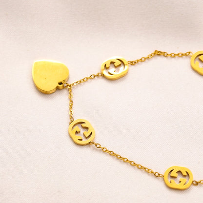 304 Stainless Steel Round Monogram & Heart Charm Bracelet