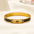 304 Stainless Steel Black Inlay Rectangle-Accent Bangle Bracelet