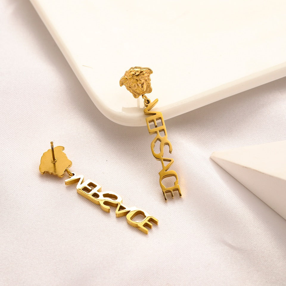 304 Stainless Steel Medusa & Vertical Letter Drop Earrings
