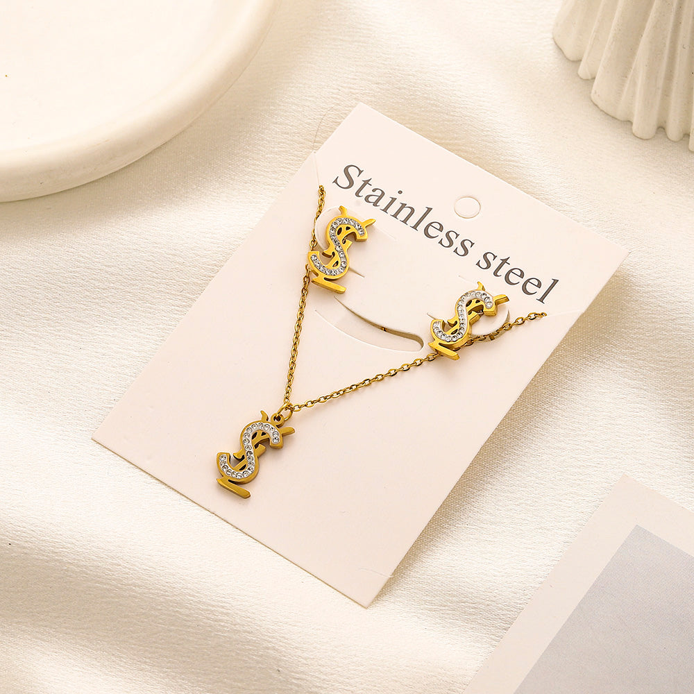304 Stainless Steel Pave Monogram Earrings & Necklace Set
