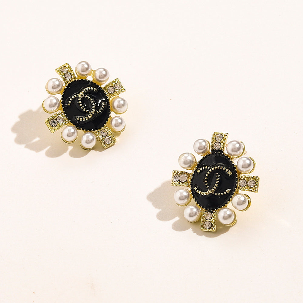 Alloy Black Medallion Pearl-Effect Cluster Stud Earrings
