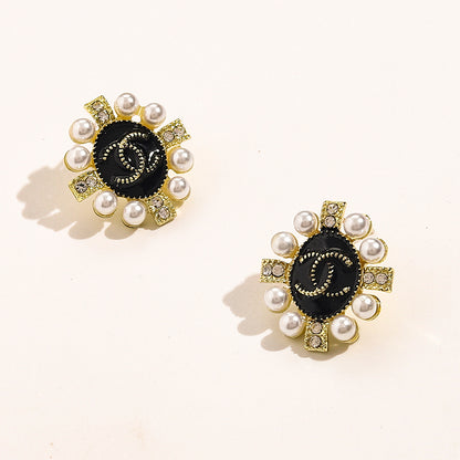 Alloy Black Medallion Pearl-Effect Cluster Stud Earrings