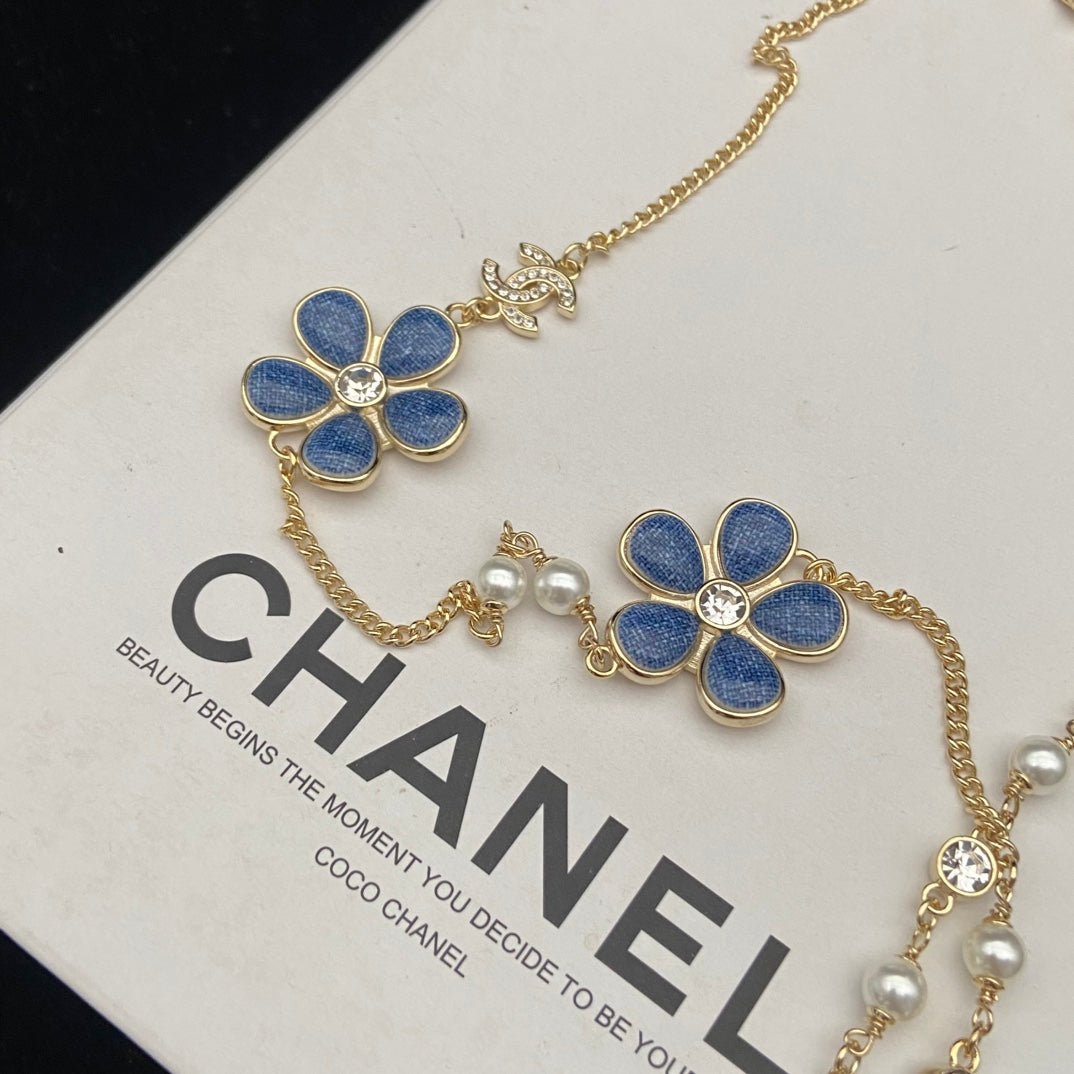 Blue Flower & Pearl-Look Bead Long Necklace