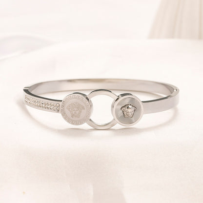 304 Stainless Steel Pave Round Medallion Bangle Bracelet