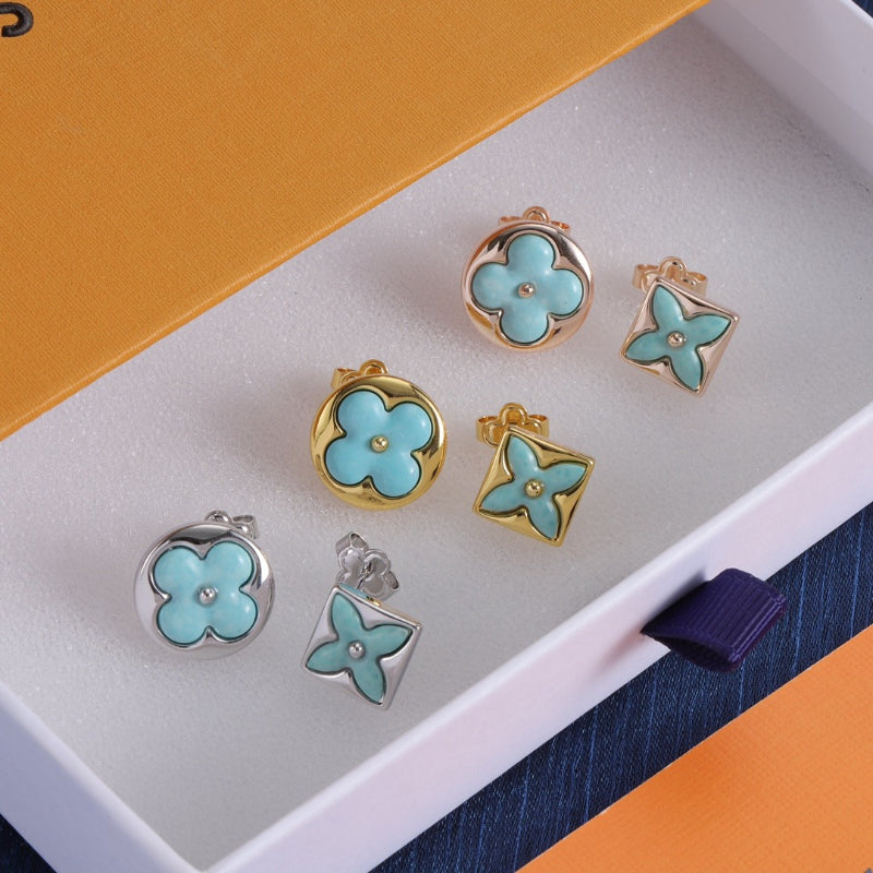 Turquoise-Tone Asymmetric Floral Stud Earrings