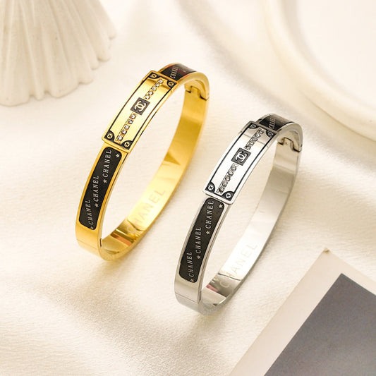 304 Stainless Steel Black Inlay Rectangle-Accent Bangle Bracelet