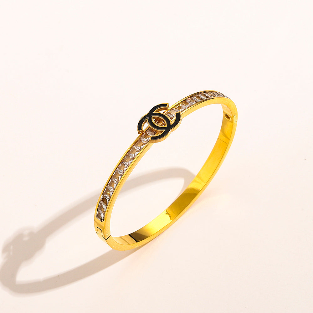 304 Stainless Steel Slim Pave Interlocking-C Bangle Bracelet