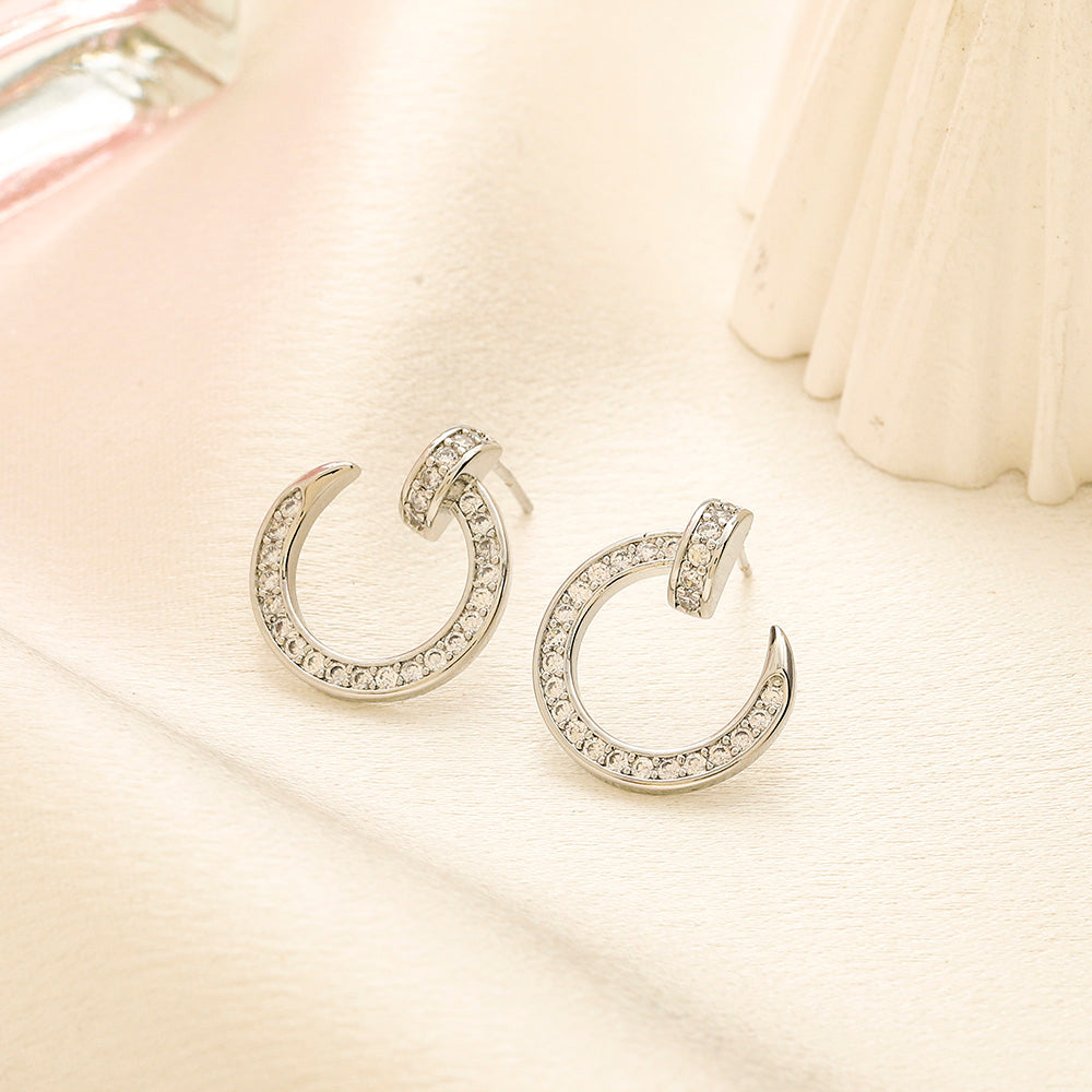 304 Stainless Steel Pave Open Circle Stud Earrings