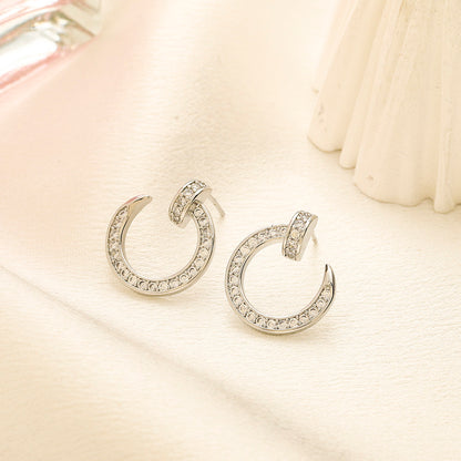 304 Stainless Steel Pave Open Circle Stud Earrings