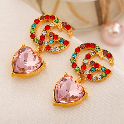 304 Stainless Steel Multicolor Stone Heart Drop Earrings