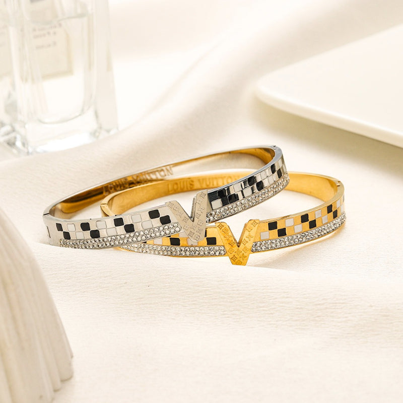 304 Stainless Steel Checkerboard V-Motif Pave Bangle Bracelet