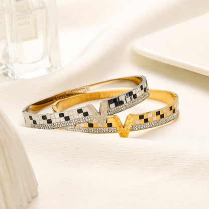 304 Stainless Steel Checkerboard V-Motif Pave Bangle Bracelet