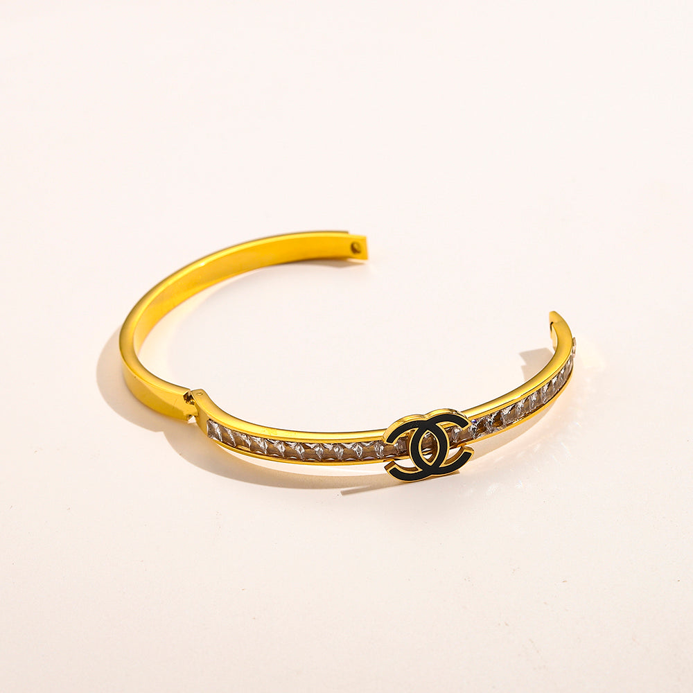 304 Stainless Steel Slim Pave Interlocking-C Bangle Bracelet