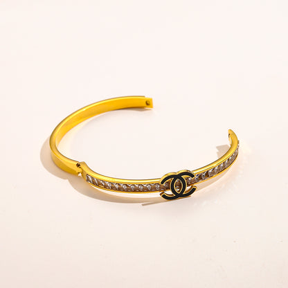 304 Stainless Steel Slim Pave Interlocking-C Bangle Bracelet