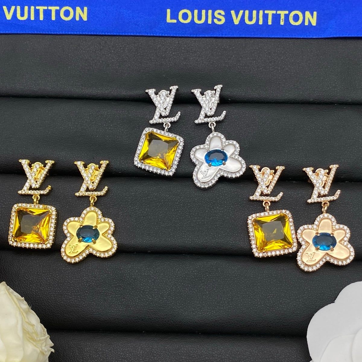 Asymmetric Square & Flower Stone Drop Earrings