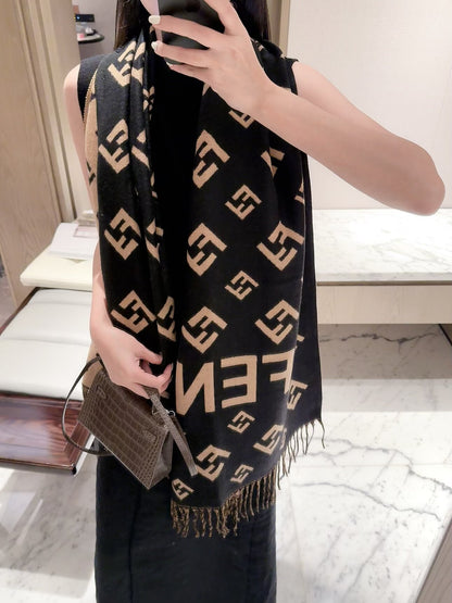 Geometric F-Motif Fringed Scarf