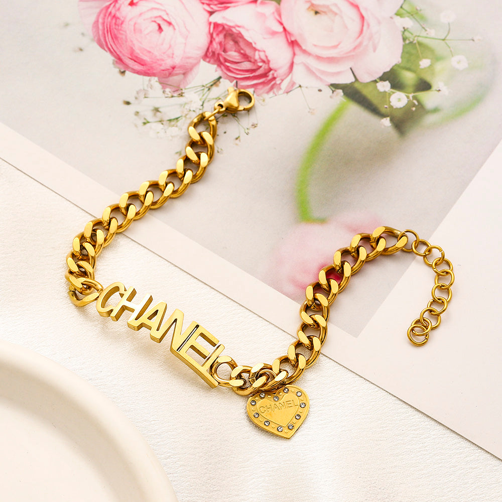 304 Stainless Steel Lettering Curb Chain Bracelet with Heart Charm