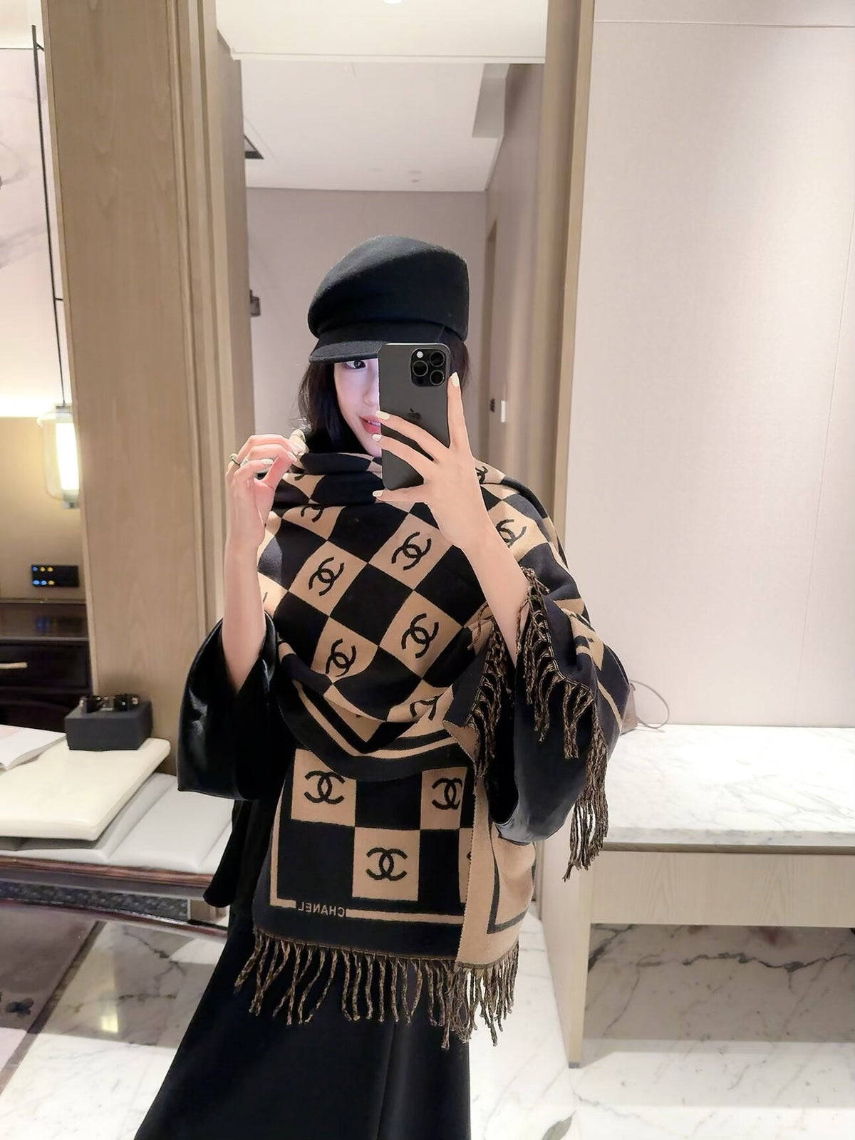 Checkerboard Monogram Scarf with Fringed Ends