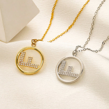 304 Stainless Steel Pave F-Motif Circle Pendant Necklace