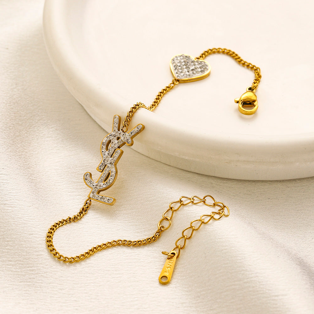 304 Stainless Steel Pave Heart & Monogram Chain Bracelet