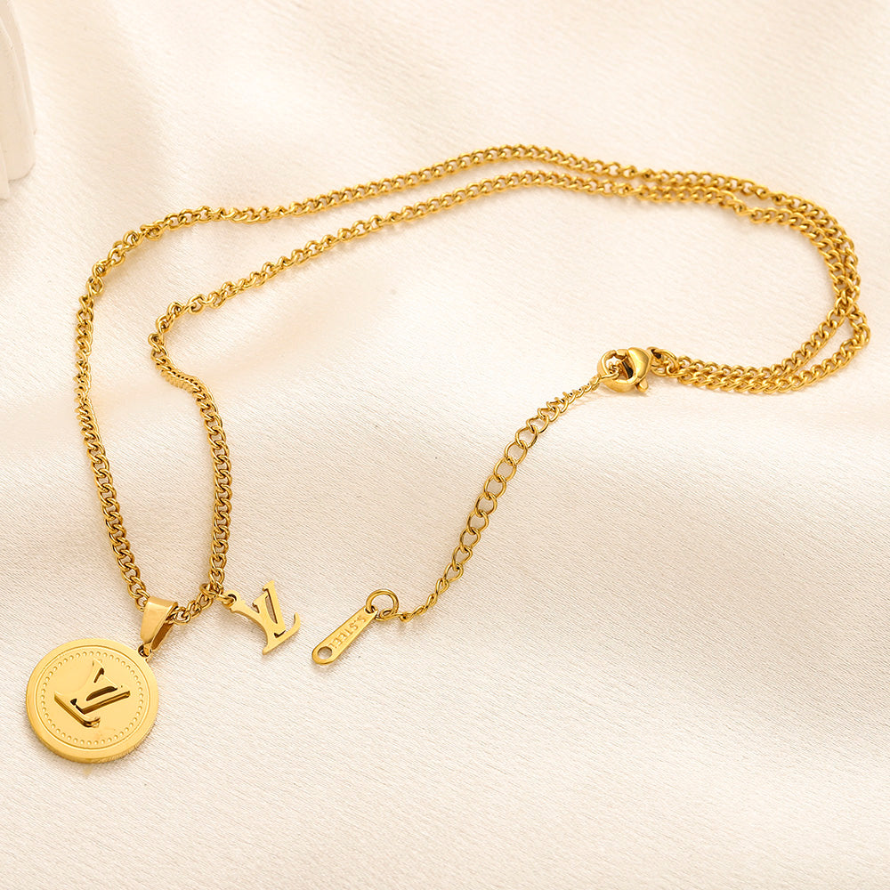 304 Stainless Steel Round Medallion & Monogram Charm Necklace