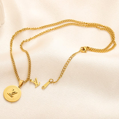 304 Stainless Steel Round Medallion & Monogram Charm Necklace
