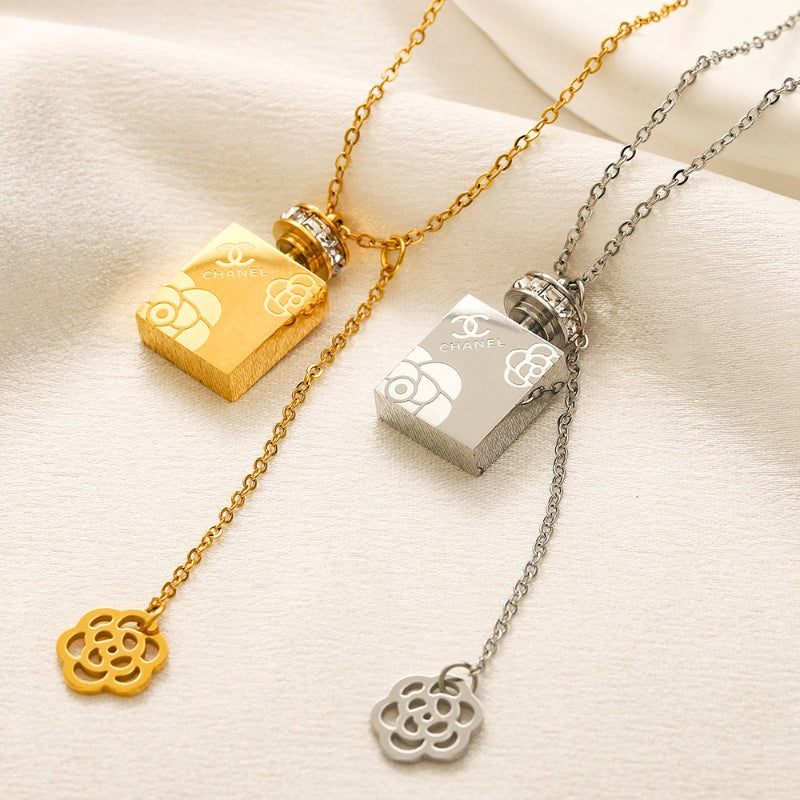 Copper Pave-Accent Perfume Bottle Pendant Necklace