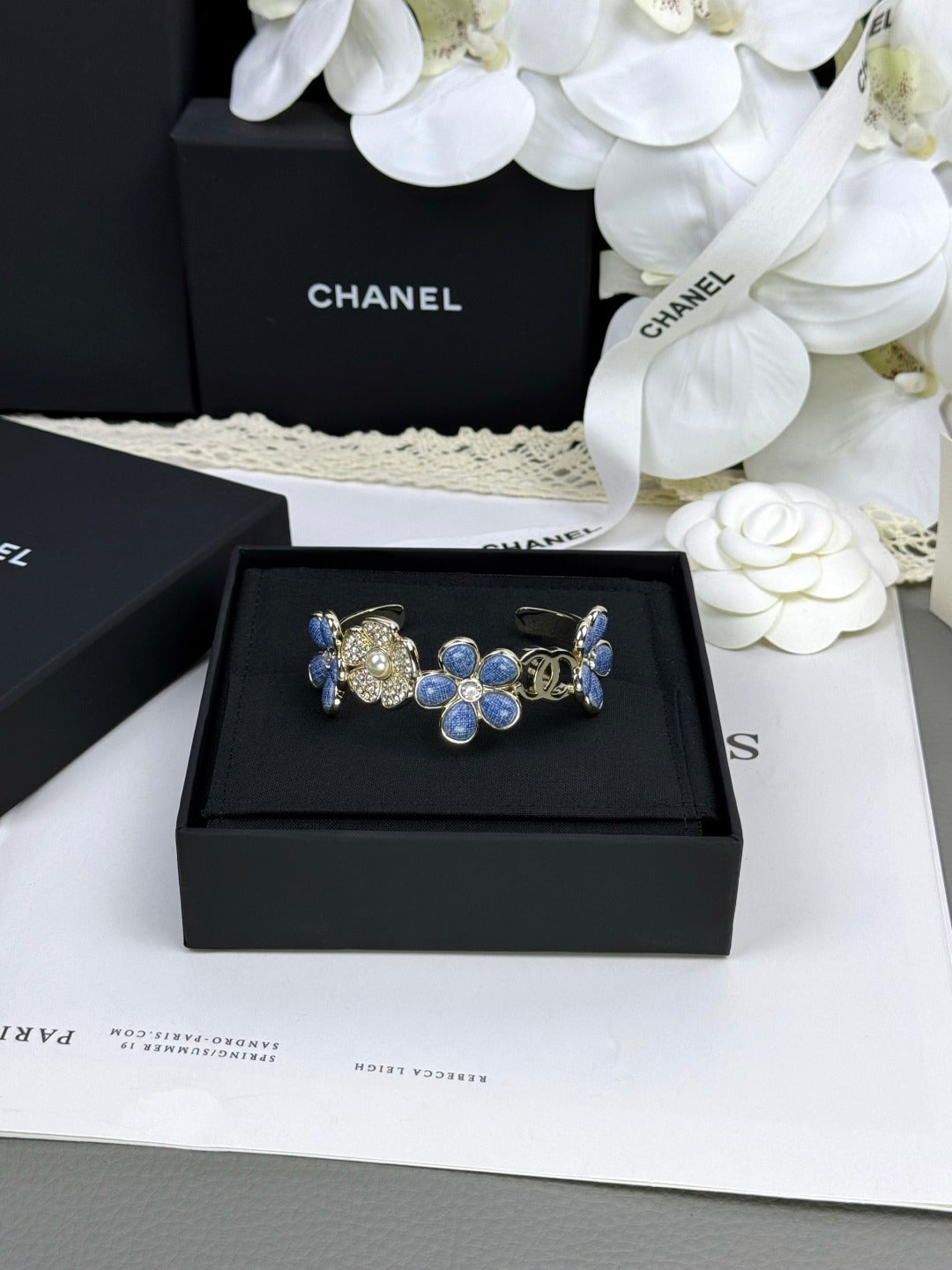 Blue Flower Interlocking-C Cuff Bracelet
