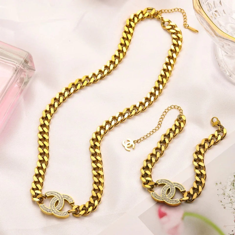 304 Stainless Steel Interlocking-C Curb Chain Bracelet & Necklace - Individual or Set