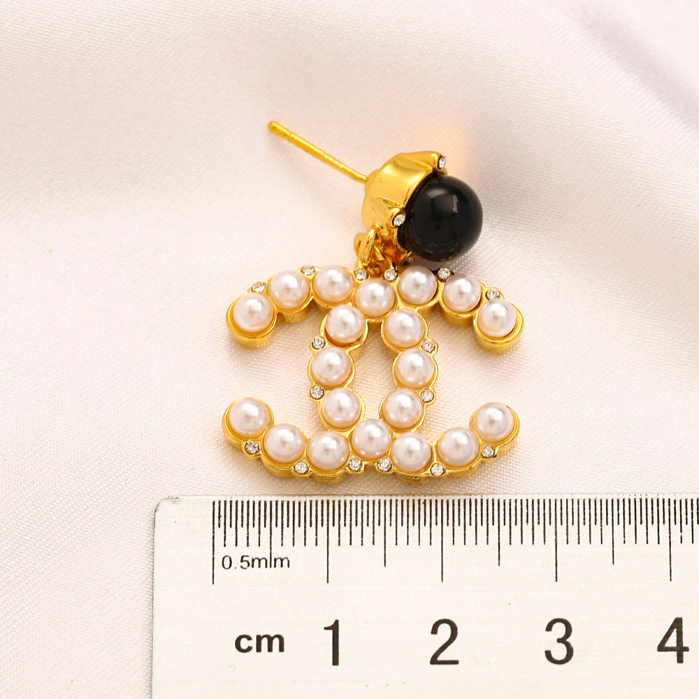 Alloy Black Stud & Pearl-Effect Interlocking-C Drop Earrings