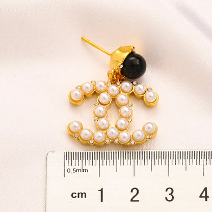 Alloy Black Stud & Pearl-Effect Interlocking-C Drop Earrings