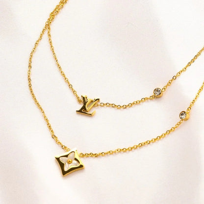 304 Stainless Steel Layered Floral Pendant Chain Necklace
