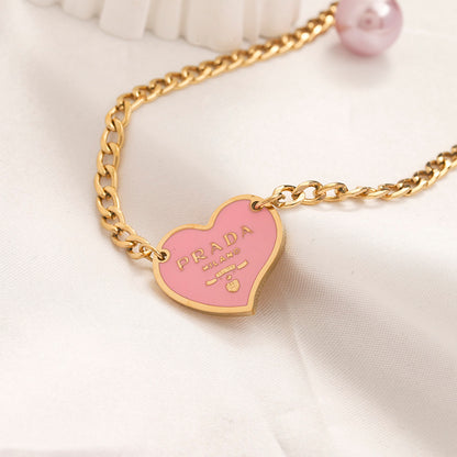304 Stainless Steel Color-Inlay Heart Pendant Curb Chain Necklace