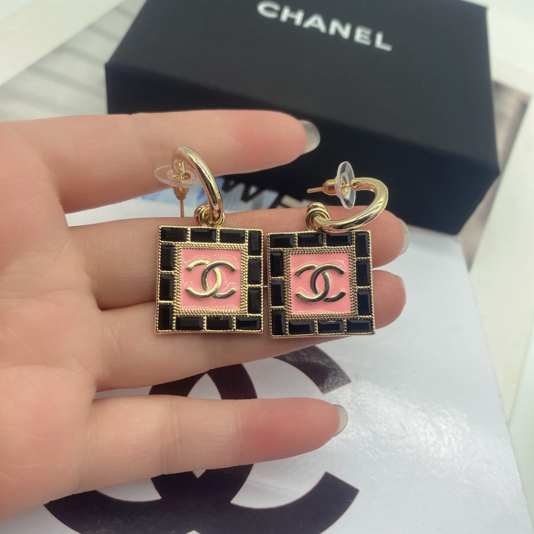 Pink & Black Square Charm Hoop Earrings