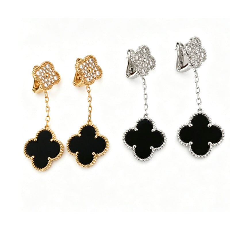 Black Quatrefoil Chain Drop Earrings