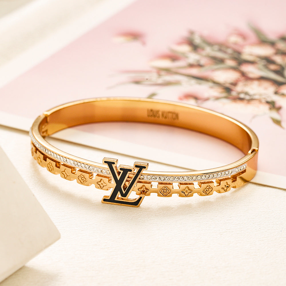 304 Stainless Steel Beaded-Edge Monogram Bangle Bracelet