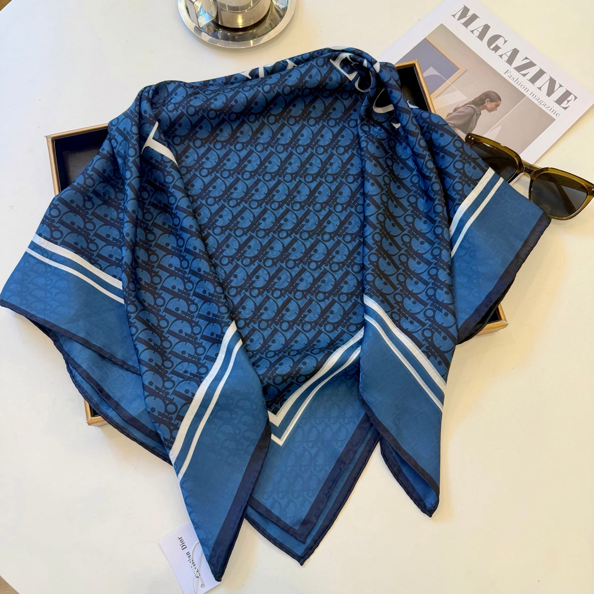 Striped Border Monogram Square Scarf - 90 x 90 cm
