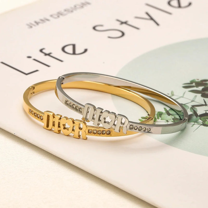 304 Stainless Steel Lettering Pave-Edge Bangle Bracelet