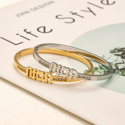 304 Stainless Steel Lettering Pave-Edge Bangle Bracelet
