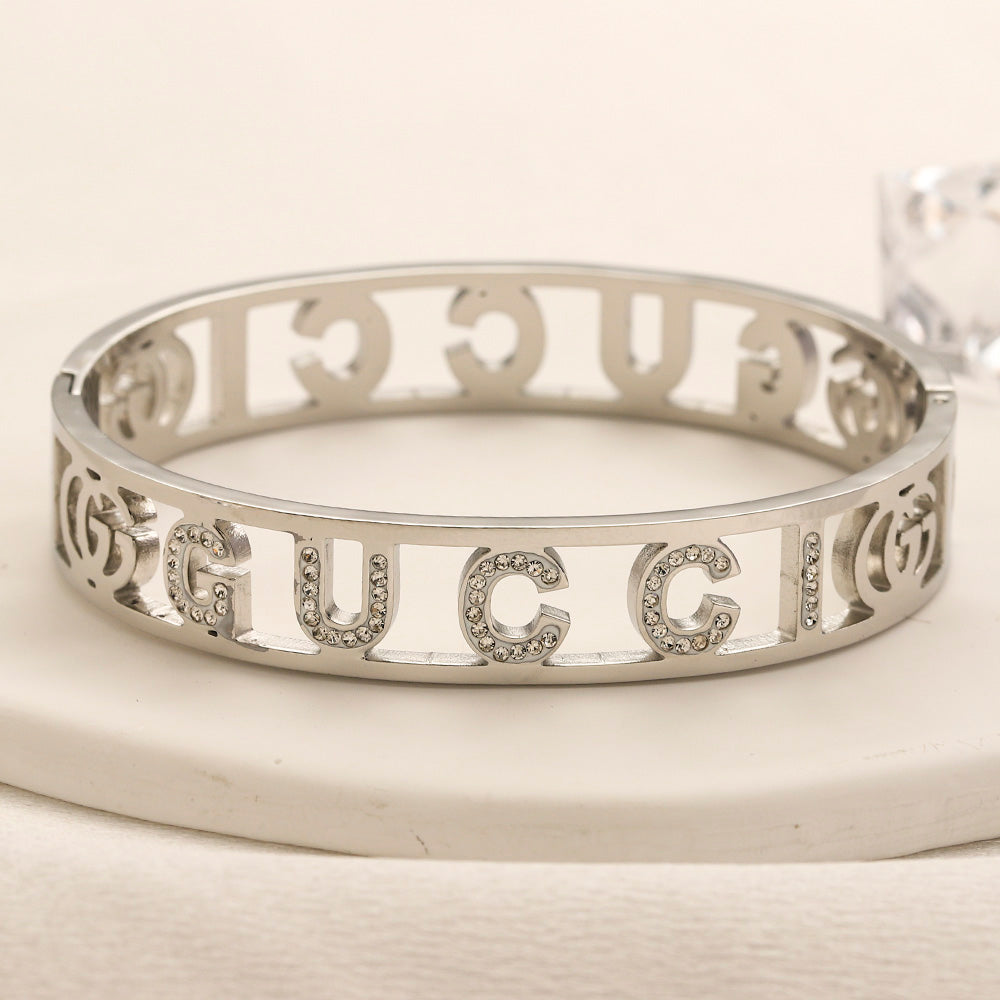 304 Stainless Steel Openwork Lettering Pave Bangle Bracelet