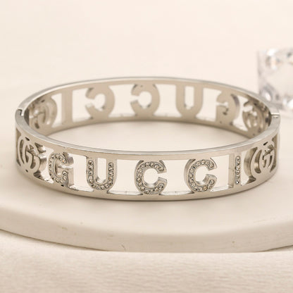 304 Stainless Steel Openwork Lettering Pave Bangle Bracelet